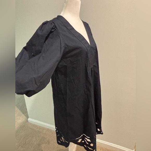 🆕 FOR CYNTHIA Navy Puff Sleeve Embroidered Hem Midi Dress - Picture 6 of 15